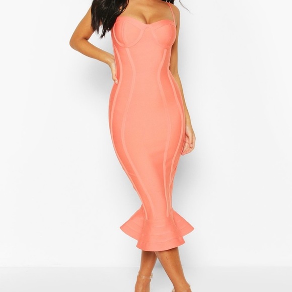 PETITE BANDAGE FRILL HEM MIDI DRESS SZ 10 COLOR: BLUSH